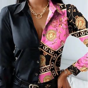 New XL (size 12) Scarf Print Colorblock Long Sleeve Button-up Top NWOT